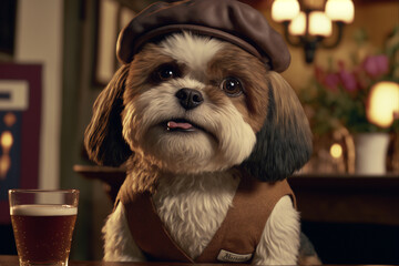 A Shih Tzu dog is a charming gangster in a fancy restaurant, with a hat and waistcoat that adds to his allure, generative ai