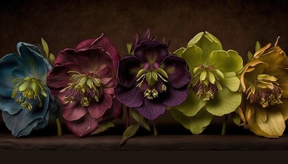  a group of flowers sitting on top of a wooden table next to each other on a tablecloth covered tablecloth with a black background.  generative ai
