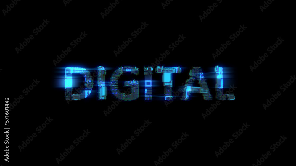 Poster cybernetic electrical light shining text digital in glitch style, isolated - object 3d rendering