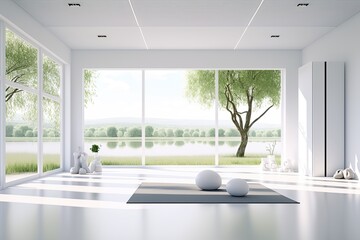 Clean and calm yoga studio with beautiful nature view. Interior design. Generative AI