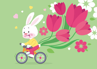 Cute smiling bunny ride bicycle with flowers, tulips. Vector design concept for poster, banner, decoration, card for Women's Day, March 8, Mothers Day, wedding, birthday, Hello Spring, Easter.