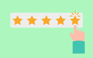 App rating 5 points flat vector illustration on green background. Star rating, star classification positive customer reviews feedback concept. 
Finger marks, people leave feedback and comments. 