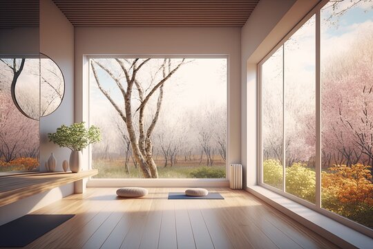 Clean and Calm Yoga Studio with Beautiful Nature View Interior