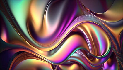 Abstract 3D Fluid Wave. Iridescent holographic neon in Motion. Colorful background wallpaper. 3D Render. Bright Glossy Colors. Generative AI.