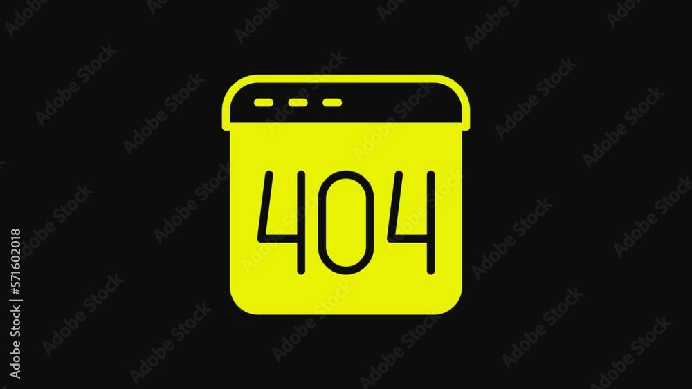 Poster yellow page with a 404 error icon isolated on black background. template reports that the page is no