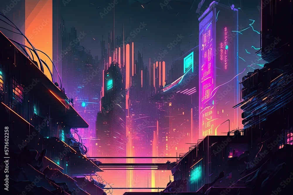 Poster megacity with neon glow and light refraction from puddles on building rooftops. idea for a central c