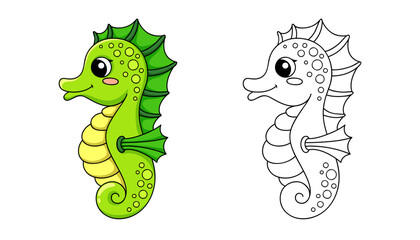 Cute cartoon seahorse. Black and white vector illustration for coloring book