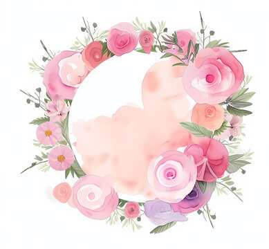 a circle frame shape with pink watercolor roses & flowers - beautiful mother's day or wedding illustration - drawing - generative ai - valentines day background - oil painting