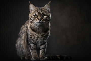 Portrait of a cat on a dark background. The pet is looking directly at the camera. Open eyes. Lots of free copy space. Studio lighting. Template for graphics or inscriptions. Generative AI.