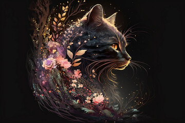 Fototapeta na wymiar Double exposure. Illustration of a cat and flowers, leaves, twigs. Graphics referring to nature. Home pet on a black background. Generative AI>