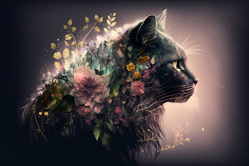 Double exposure. Illustration of a cat and flowers, leaves, twigs. Graphics referring to nature. Home pet on a black background. Generative AI.