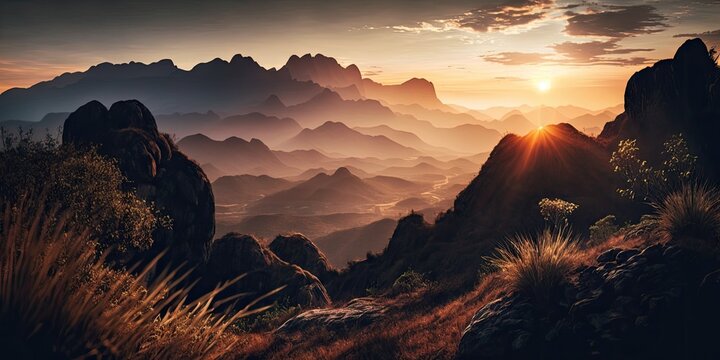 Sunrise on a Mountain in a Landscape from Doi Luang Chiang Dao, ChiangMai, Thailand. Generative AI © 2ragon