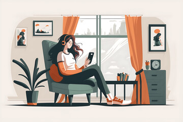 Flat vector illustration Smiling young pretty woman sitting at home, using mobile phone technology app, happy lady holding smartphone in hand, looking at camera, relaxing with phone in hand, checking 