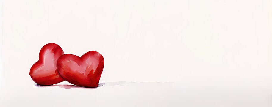 a watercolor painting of two red wooden hearts on a bright background - banner - love - mothers day  - wedding card - generative ai - valentines day background - oil painting