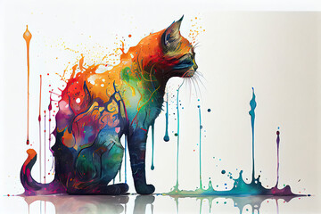 full body of a colorful cat,white background,dripping art