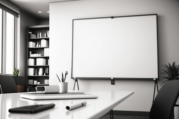 Empty white board in a modern office for displaying information, writing or teaching. AI generated.