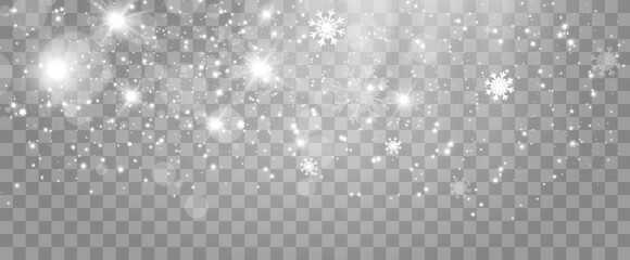 Vector illustration of flying snow on a transparent background.Natural phenomenon of snowfall or blizzard.	
