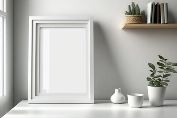 Fototapeta na wymiar Mockup of an empty white frame standing on shelf. Template for your design. AI generated.