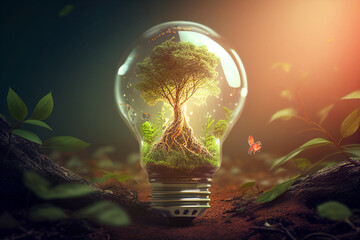 Lamp with tree for Saving environment. Green saving energy Tree Growing. Lightbulb with tree and green leaves. Seedlings growing as alternative energy. Electricity light lamp from solar. AI Generative