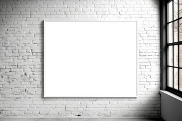 Blank Frame on White Brick Wall in empty room. Template for Design. Mock Up. AI generated.