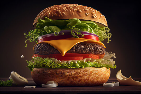 Burger poster for menu restaurant. Burger design style promotional fast food poster. Cheeseburger flyer and poster for cafe menu. Hamburger vector, flyer and poster burger, Ai Generative illustration.