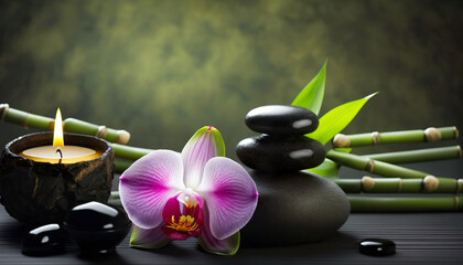 Spa still life with zen stones, orchid and bamboo, Generative AI