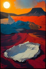 Colorful landscape of mountains with sunrise or sunset painted in oil paints, Vertical Landscape, Generative AI