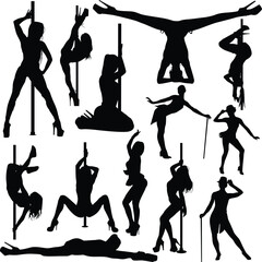 Set of girl with pole silhouettes. Dancer girl with pole icon