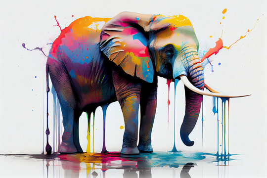 Full Body Of A Colorful Elephant,white Background,dripping Art