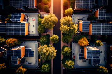 Solar panel on roof house, top view. Tanunhouses and residential buildings houses with photovoltaic solar panels on roof as alternative renewable energy. World Earth Day, Ai Generative.