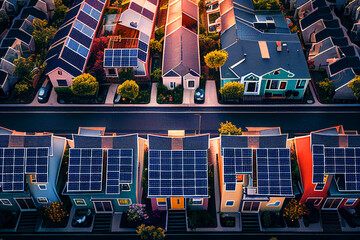 Solar panel on roof house, top view. Tanunhouses and residential buildings houses with photovoltaic solar panels on roof as alternative renewable energy. World Earth Day, Ai Generative. - obrazy, fototapety, plakaty