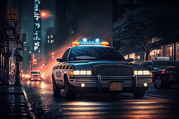 Obraz na płótnie Canvas Police lights and Police car in New York. Police car with red and blue emergency. Emergency vehicle lighting. LED blinker flasher Police car. Road traffic jam accident. Crime in City. Ai Generative..