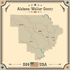 Large and accurate map of Walker county, Alabama, USA with vintage colors.