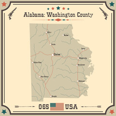 Large and accurate map of Washington county, Alabama, USA with vintage colors.