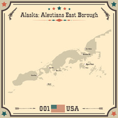 Large and accurate map of Aleutians East Borough, Alaska, USA with vintage colors.