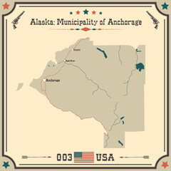Large and accurate map of Municipality of Anchorage, Alaska, USA with vintage colors.