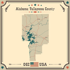 Large and accurate map of Tallapoosa county, Alabama, USA with vintage colors.