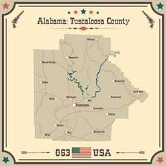 Large and accurate map of Tuscaloosa county, Alabama, USA with vintage colors.