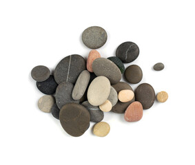 Fototapeta na wymiar Sea Pebbles Isolated, Flat Round Stones, Gray Circle Rock Pieces, Sea Pebbles Pile on White Background