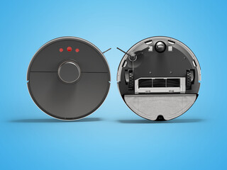 3d illustration group of robot vacuum cleaners for dry and wet cleaning front view on blue background with shadow