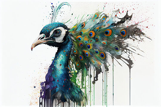 colorful Peacock,white background,dripping art