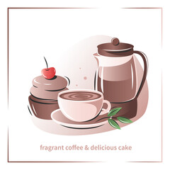 Banner for coffee house, coffee shop, cafe-bar, restaurant, menu. Coffee maker, coffee and cakes.  Vector illustration for advertising