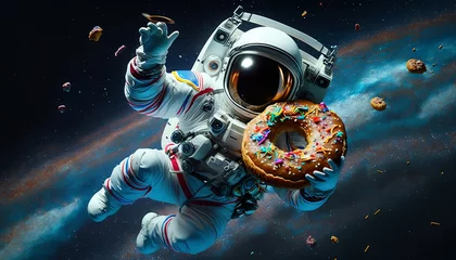 Foto op Aluminium A cosmonaut in space is holding a huge donut. Dessert snack with chocolate coating and sprinkles. The image of elation after eating a delicious donut. Galaxy background. © pawczar