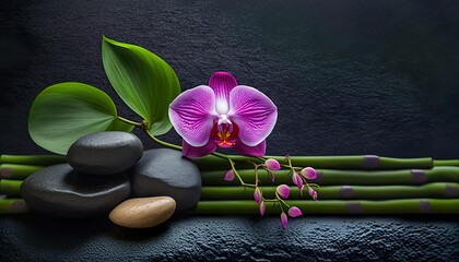 Obraz na płótnie Canvas Spa still life with zen stones, orchid and bamboo, Generative AI