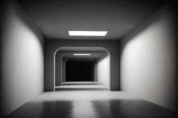 Tunnel white rectangle an empty dark scene, the asphalt floor and studio room with smoke float up the interior texture Wall futuristic underground room garage, plane tunnel corridor, Illustration