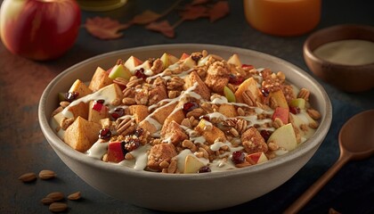 a bowl of cereal with apples, nuts, and yogurt on a table next to a glass of orange juice and a spoon.  generative ai