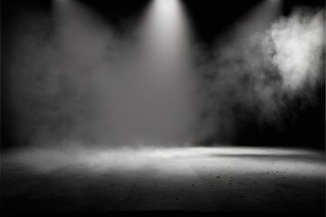 Background of an empty dark and gray White spotlight stage design studio, smoke, smog, empty dark scene, concrete floor, interior texture for display products, nightclub entertainment background