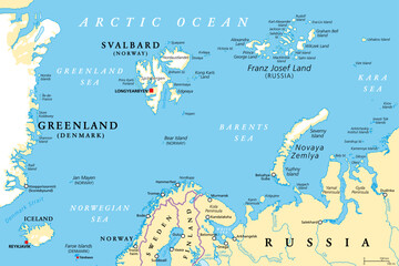 Arctic Ocean region north of mainland Europe, political map. From the eastern part of Greenland to Svalbard to Franz Josef Land, with parts of the countries Iceland, Norway Sweden, Finland and Russia.