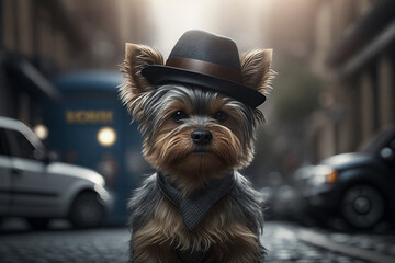 A Yorkshire Terrier dog is a spunky little gangster, dressed to the nines in a hat and collar against a street background, generative ai