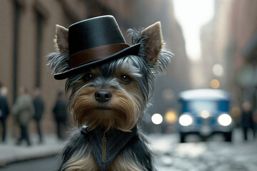 A Yorkshire Terrier dog is a spunky little gangster, dressed to the nines in a hat and collor against a street background, generative ai